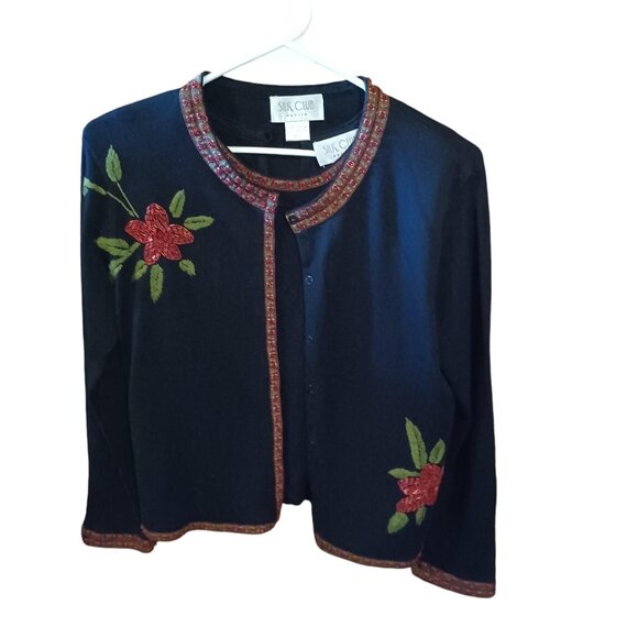 Silk Club Petites Tank & Sweater Black With Red Embroidered Flowers - Picture 1 of 6